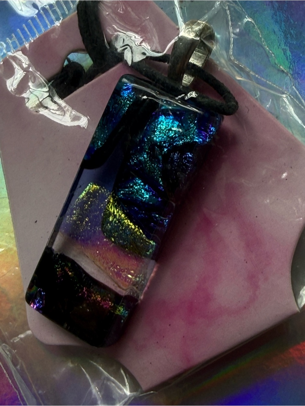 Dichroic Glass Pendant Necklace - Iridescent Blue-Green